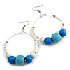 55mm White/ Blue Glass and Graduated Wooden Bead Large Hoop Earrings In Silver Tone - 80mm Drop