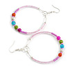 50mm Pink Glass and Multicoloured Ceramic Bead Large Hoop Earrings in Silver Tone - 75mm Drop