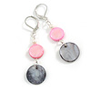 Pink/ Grey Black Shell Bead Drop Earrings In Silver Tone - 55mm L