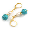 Delicate Freshwater Pearl Turquoise Bead Drop Earrings In Gold Tone - 45mm L