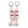 Elegant Light Pink Glass Bead with Crystal Rings Drop Earrings in Silver Tone - 60mm L