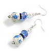 Blue/White Floral Glass Bead with Blue Crystal Spacer Drop Earrings in Silver Tone - 50mmL