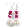Deep Pink/White Faux Pearl Glass Bead with Pink Crystal Spacer Drop Earrings in Silver Tone - 60mmL