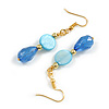 Blue Shell/ Acrylic Bead Drop Earrings in Gold Tone - 55mm L