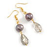 Grey Freshwater Pearl and Glass Bead Drop Earrings in Gold Tone - 55mm L
