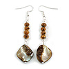 Long Bronze Glass/ Brown Shell Bead Linear Earrings in Silver Tone - 70mm L