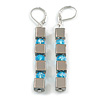 Square Hematite/Light Blue Glass Beaded Linear Drop Earrings - 60mm L
