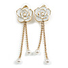 White Enamel Crystal Chain Rose Flower Dangle Earrings in Gold Tone - 60mm Long