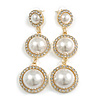 Party/Prom/Wedding Clear Crystal Triple Faux Pearl Bead Drop Earrings - 75mm Long