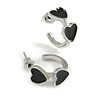 15mm Small Black Enamel Heart Hoop Huggie Earrings in Silver Tone