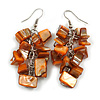 Brick Orange Shell Composite Cluster Dangle Earrings in Silver Tone - 60mm L