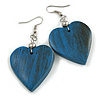 Blue Wood Grain Heart Drop Earrings - 60mm L
