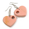 Pastel Pink Cut Out Heart Wooden Drop Earrings - 55mm Long