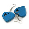 Blue Cut Out Heart Wooden Drop Earrings - 55mm Long