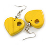 Yellow Cut Out Heart Wooden Drop Earrings - 55mm Long