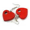 Red Cut Out Heart Wooden Drop Earrings - 55mm Long