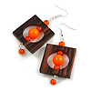 Stylish Square Wood Orange Glass Bead Drop Earrings - 75mm Long