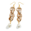 Long Gold Acrylic Multi Link and Cream Faux Pearl Bead Dangle Earrings in Gold Tone - 10cm L