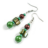 Green/Brown Shell and Glass Bead Drop Earrings - 55mm Long