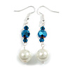 Chameleon Blue Glass and White Pearl Long Drop Earrings - 55mm L
