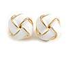 White Enamel Square Knot Motif Clip On Earrings In Gold Tone - 18mm Across