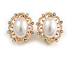 Oval Faux Pearl Crystal Clip On Earrings in Gold Tone - 20mm Tall