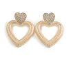 Statement Double Heart Etched Crystal Drop Earrings in Bright Gold Tone - 45mm Long