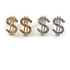 15mm Set of Two Gold/Silver Crystal Dollar $ Stud Earrings