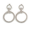 Statement Double Circle Crystal Drop Earrings in Silver Tone - 65mm Long