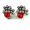 Red/ Clear Crystal Floral Clip-on Earrings in Aged Silver Tone Metal - 17mm Tall