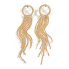 Statement Crystal Circle with Long Chain Tassel Earrings in Gold Tone - 14cm Long