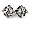 Marcasite Square Clear Crystal White Faux Peal Clip On Earrings In Antique Silver Tone - 20mm L