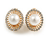 20mm Tall/ Clear Crystal White Faux Pearl Oval Clip On Earrings in Gold Tone