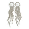 Statement Crystal Circle with Long Chain Tassel Earrings in Silver Tone - 14cm Long
