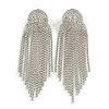 Magnificent Clear Crystal Disk with Fringe Dangle Long Earrings in Silver Tone - 11cm L