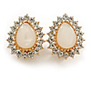 25mm Tall Clear Crystal Milky White Acrylic Stone Teardrop Clip On Earrings in Gold Tone