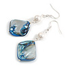 Blue Shell/ White Freshwater Pearl Bead Drop Earrings/55mm Long/Slight Variation In Size/Natural Irregularities