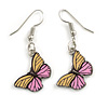Yellow/Pink Butterfly Drop Earrings in Silver Tone - 40mm Drop