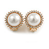 Classic Faux Pearl Clear Crystal Button Shape Clip On Earrings in Gold Tone - 17mm Diameter