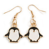 Black/White Enamel Penguin Drop Earrings in Gold Tone - 40mm Long