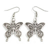 Textured Butterfly Drop Earrings in Silver Tone - 45mm Long