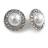 25mm D/ Round Faux Pearl Clear Crystal Clip on Earrings in Silver Tone