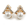 Delicate Crystal Faux Pearl Clip On Earrings in Gold Tone - 15mm Tall