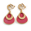 Pink Enamel Teardrop Clip On Earrings with Crystal Accented In Gold Tone - 45mm Tall