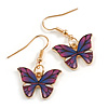 Small Butterfly Drop Earrings in Gold Tone (Purple/Blue Colours) - 35mm L