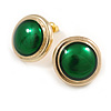 17mm D/ Green Enamel Round Dome Shape Stud Earrings in Gold Tone