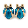 Teal Blue Enamel Heart Stud Earrings in Gold Tone - 25mm Tall