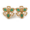 Victorian Style Green Stones White Faux Pearl Stud Earrings in Gold Tone - 25mm Tall