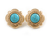 Gold Tone Textured with Turquoise Stone Flower Stud Earrings - 25mm D