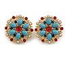 25mm D/ Vintage Inspired Blue/ Red Acrylic and Crystal Bead Floral Stud Earrings in Gold Tone